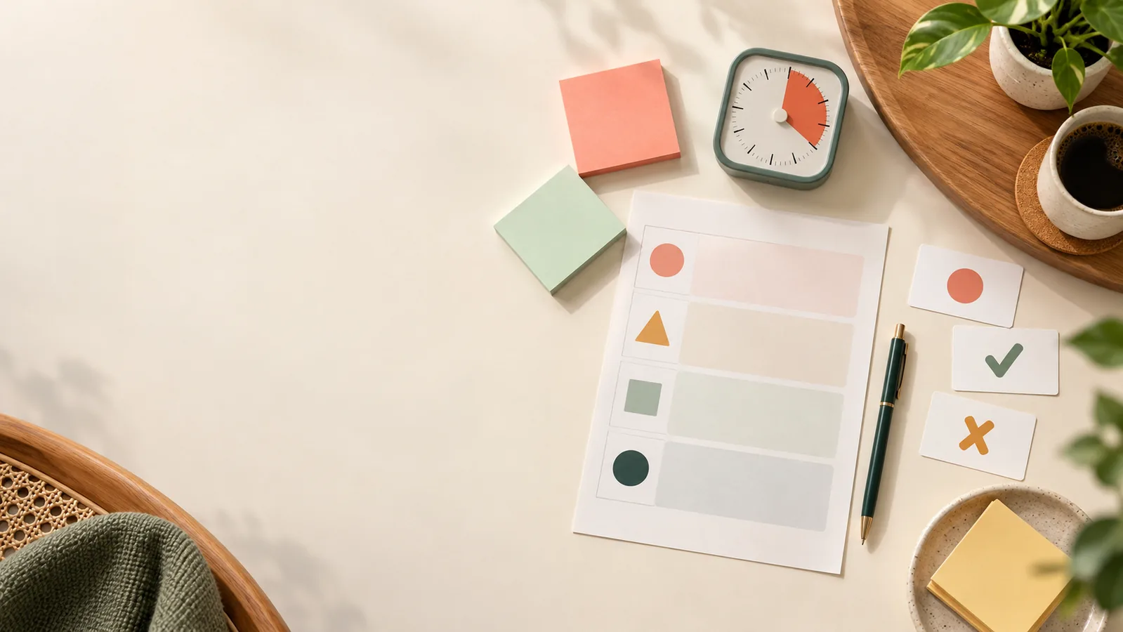 Agenda paper, timer, decision cards and sticky notes arranged on a meeting table