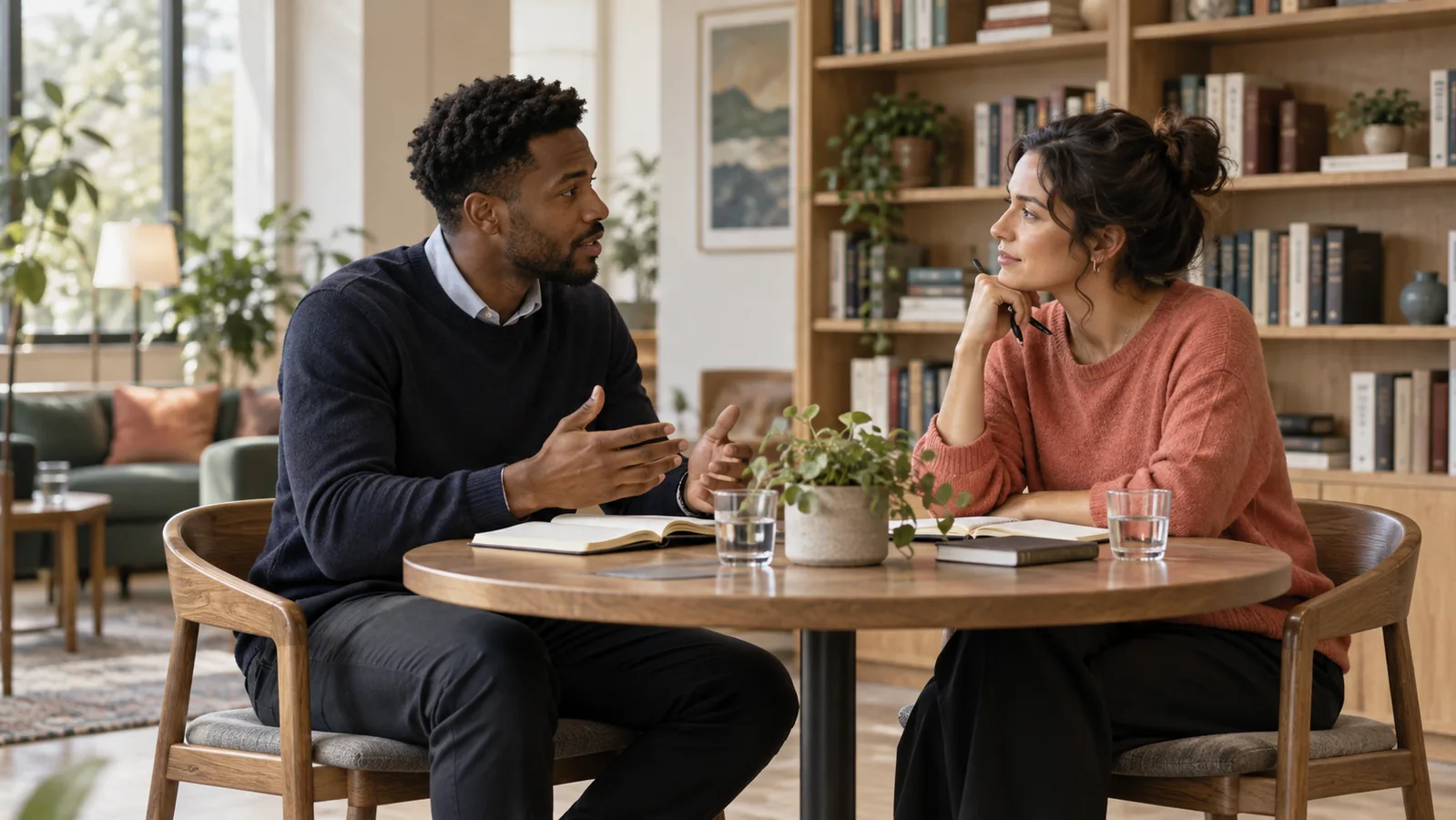 Two colleagues having a focused one-to-one conversation