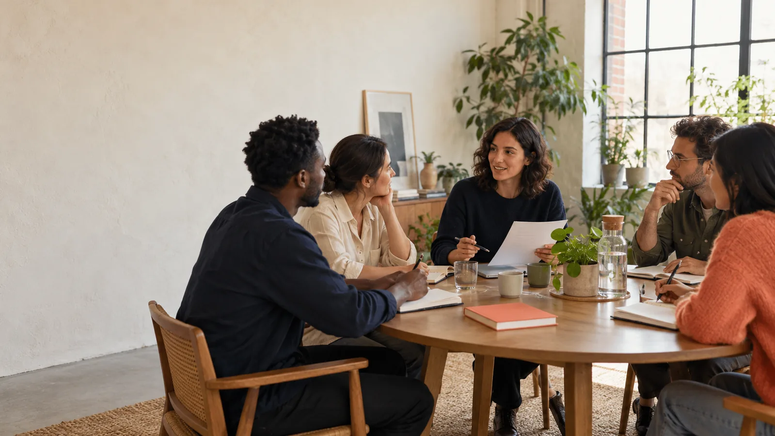 Five colleagues contributing to a focused meeting around a wooden table