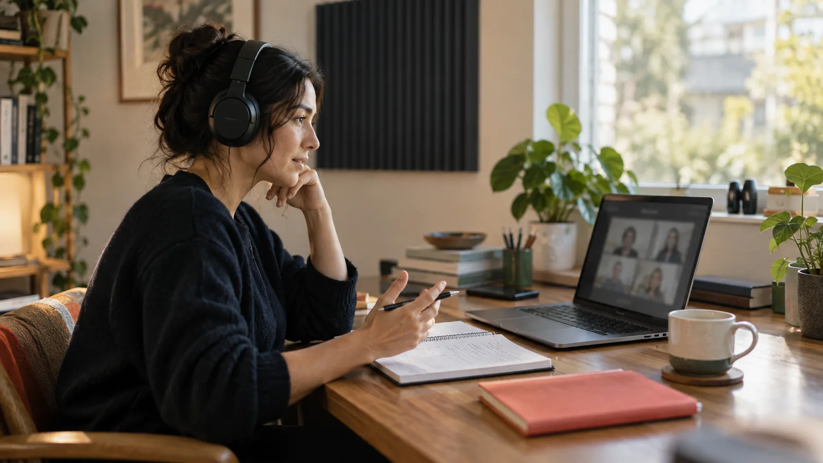 A remote participant joining a team meeting from a home workspace for remote meeting etiquette that actually helps